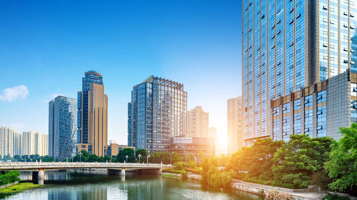 City skyline with buildings with a sunset